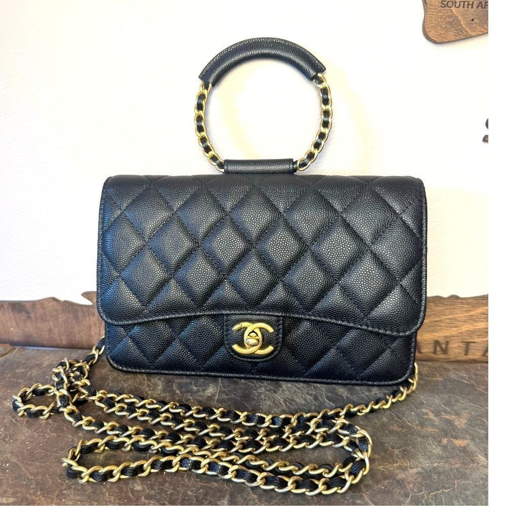 Chanel Black Caviar Circle Handle Crossbody Bag‎ WOC Series GHW Authentic CoA